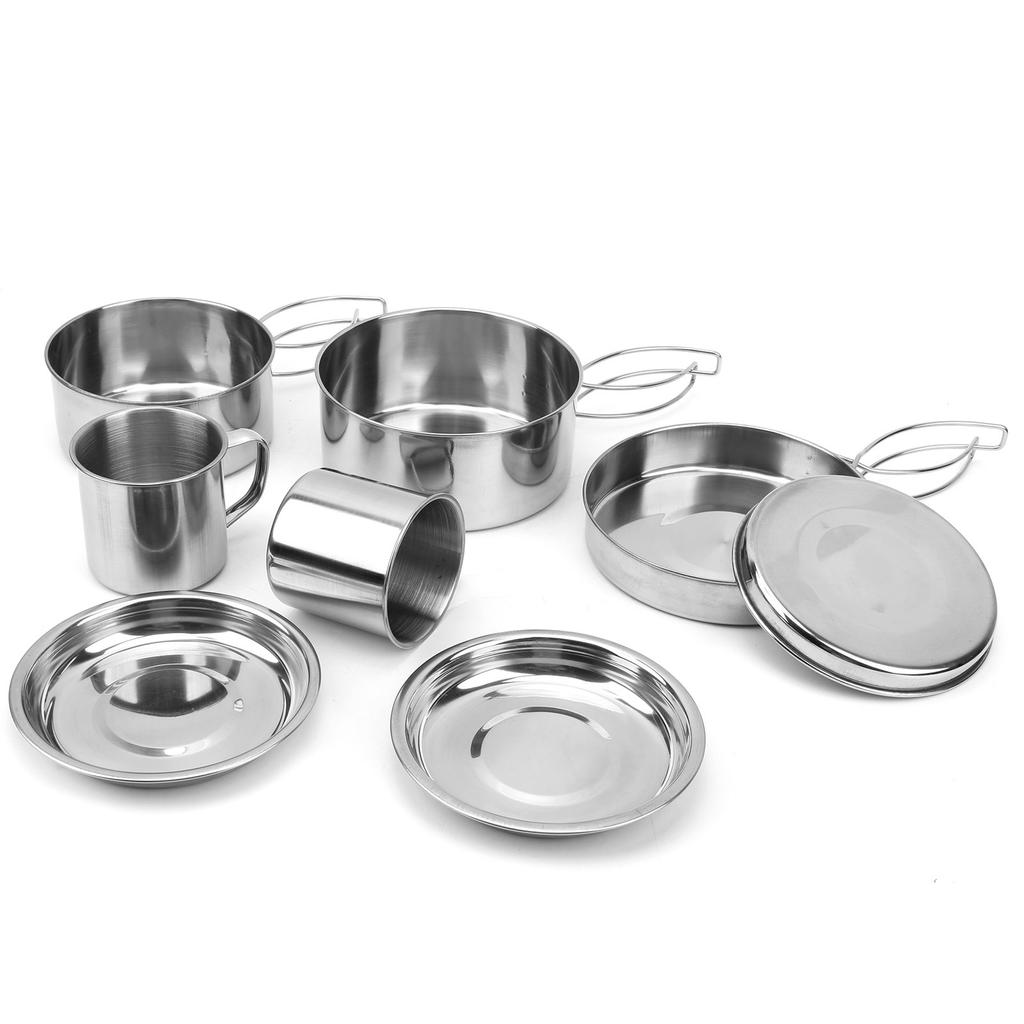 8-teiliges Tragbares Camping-Kochgeschirr-Set Edelstahl Wander-Topf Pfanne Tasse Set für Picknick BBQ