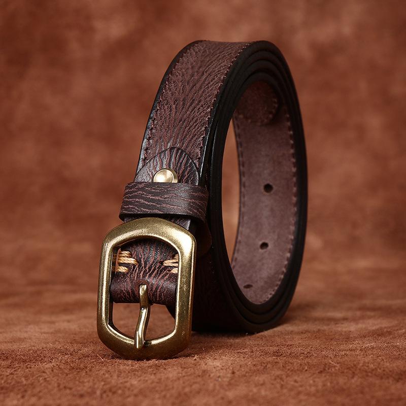 Women's Belt Retro Fashion and Personalized Emboss Leather Pin Buckle Pure Cowhide Korean Style Versatile Coarse Grain Jeans Belt Women