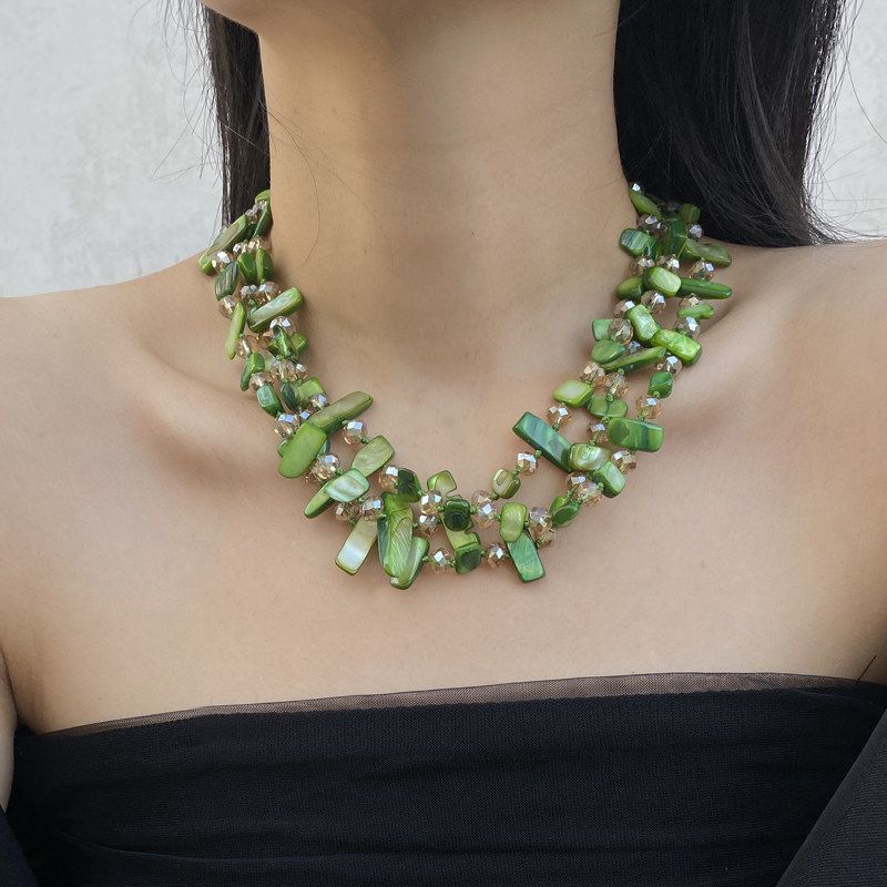 Fashion Retro Green Shell Multi-Layer Twin Necklace Bohemia Accessible Luxury Crystal String Beads Clavicle Chain Neck Chain Tide