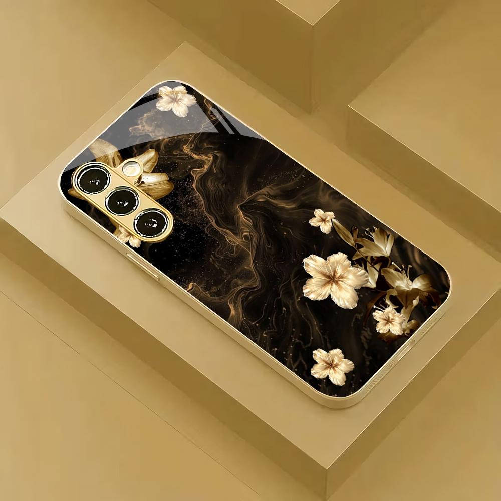 Golden Flower Electroplated Glass Phone Case Suitable for Samsung Galaxy S26 S25 S24 S23 S22 S20 FE/Ultra/Plus5G Anti Drop