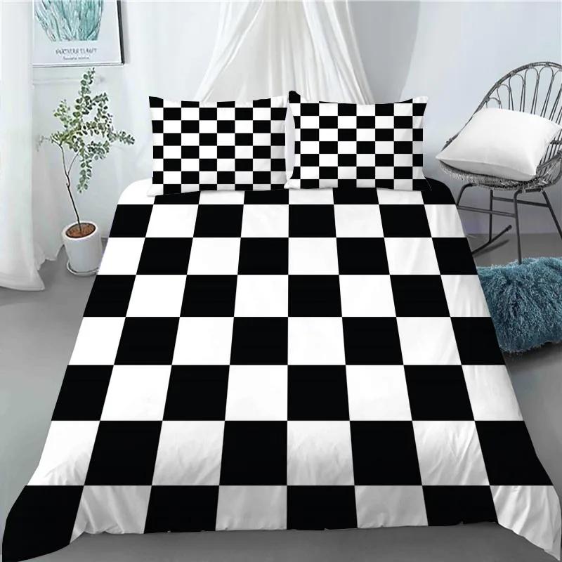 3D Nordic Style Black and White Grid Cute Animal Duvet Cover King Size Polyester Quilt Cover Pillowcases for Home Bedroom Decor