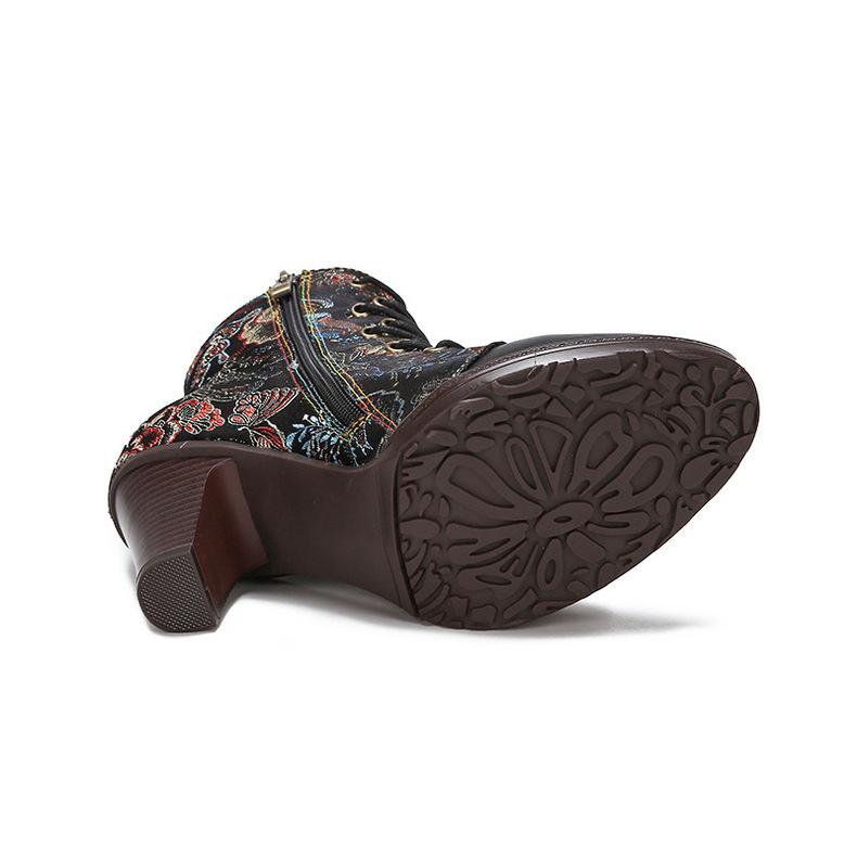 Johnature Bokacsizma Női cipő Valódi bőr etnikai stílusú hegyes orrú, kézzel készített divatos magassarkú modern csizma