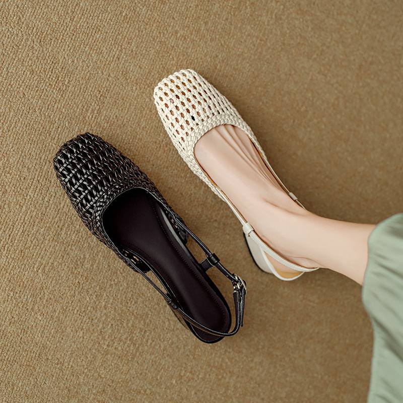 Krazing Pot Microfiber Weaving Summer Size 41 Med Heels Slingback Party Shoes Women Square Toe Gladiator Hollow Out Pumps