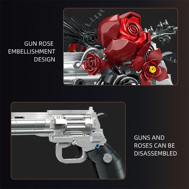 Technical Mechnical Rose Revolver Pistol Gun Building Blocks Military Red Flower Petal Gun MOC Bricks Assemble Toy Children Gift