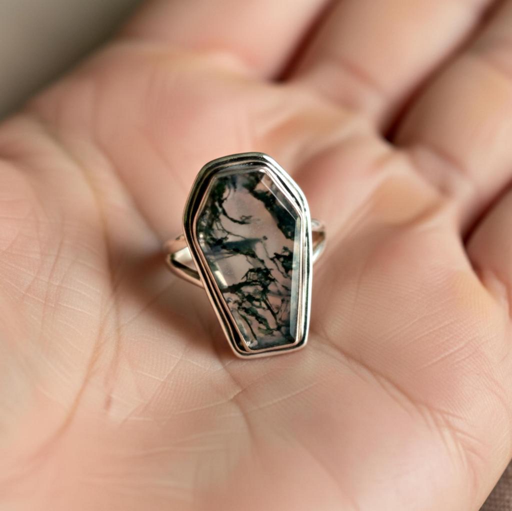 Anel de caixão, anel de ágata musgo, anel de prata esterlina sólida 925, joias artesanais, anel boho, anel de pedra preciosa verde, anel de declaração, anel de promessa