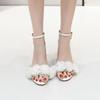 White high heels round head 7cm one word with open-toed lace flower sexy open-toed women's sandals wedding shoes large size