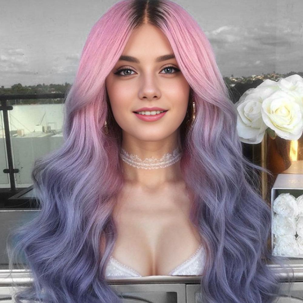 Европейские и американские длинные кудрявые синтетические парики с градиентом цвета - С центральным пробором
