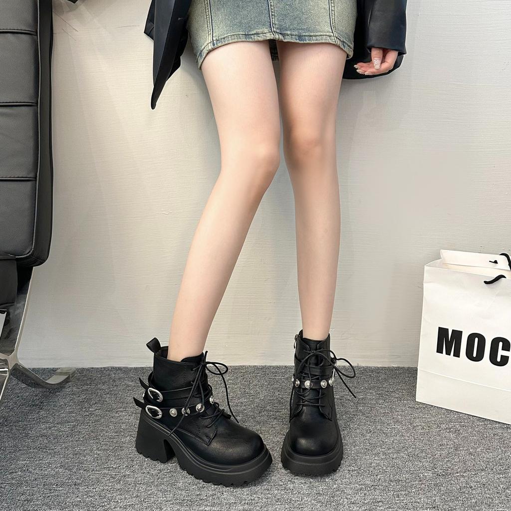 Fashion New Women's Pu Leather Ankle Boots Women Autumn Winter Round Toe Lace Up Shoes Woman Motorcycle Platform Botas Gothic Shoes