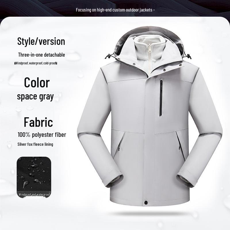 Men's Custom Three-in-One Mountain Climbing Suit for Autumn/Winter with Velvet and Logo Print