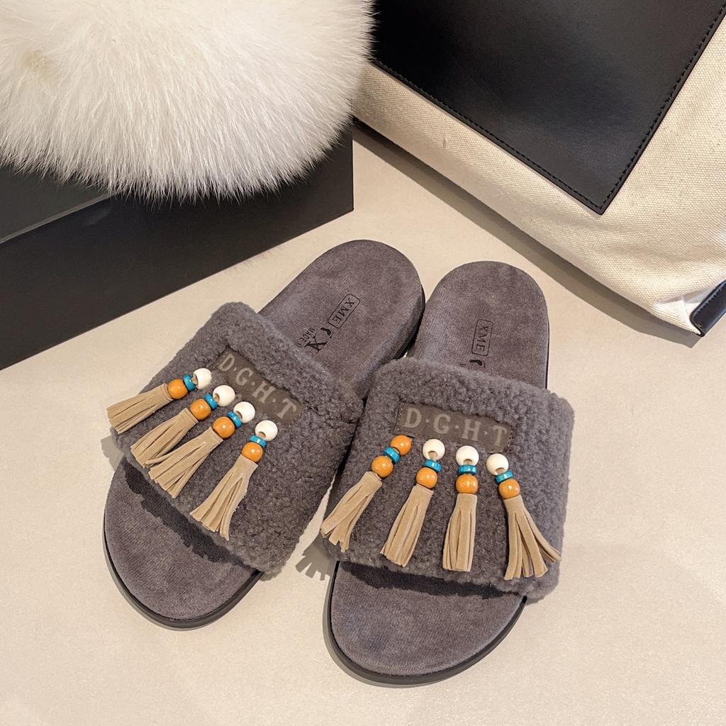 Retro tassel one-word fluffy slippers Female Gaiden 2025 autumn and winter new thick-bottomed lazy one-pedal cotton slippers