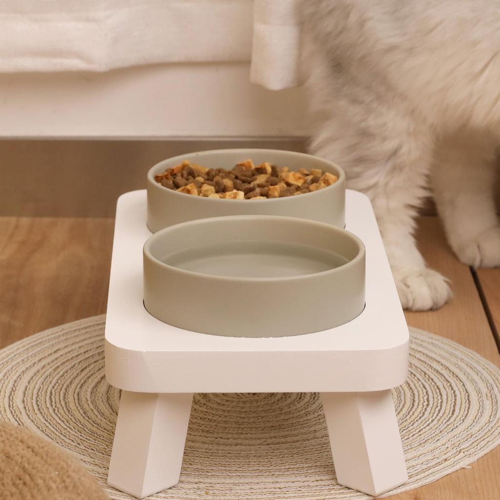 HTB Pet Bowl Stand, Pet Food Bowl Stand for Cats, Ceramic Food Bowl, Water Bowl, Non-slip, Stable, Feeding and Watering Stand, Pet Supplies HTB-CSW1