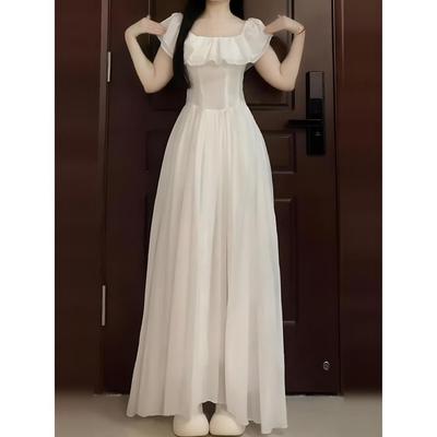 One-word Collar Waist Dress Women's Summer New Thin Meat Covering Small Fresh Long Skirt