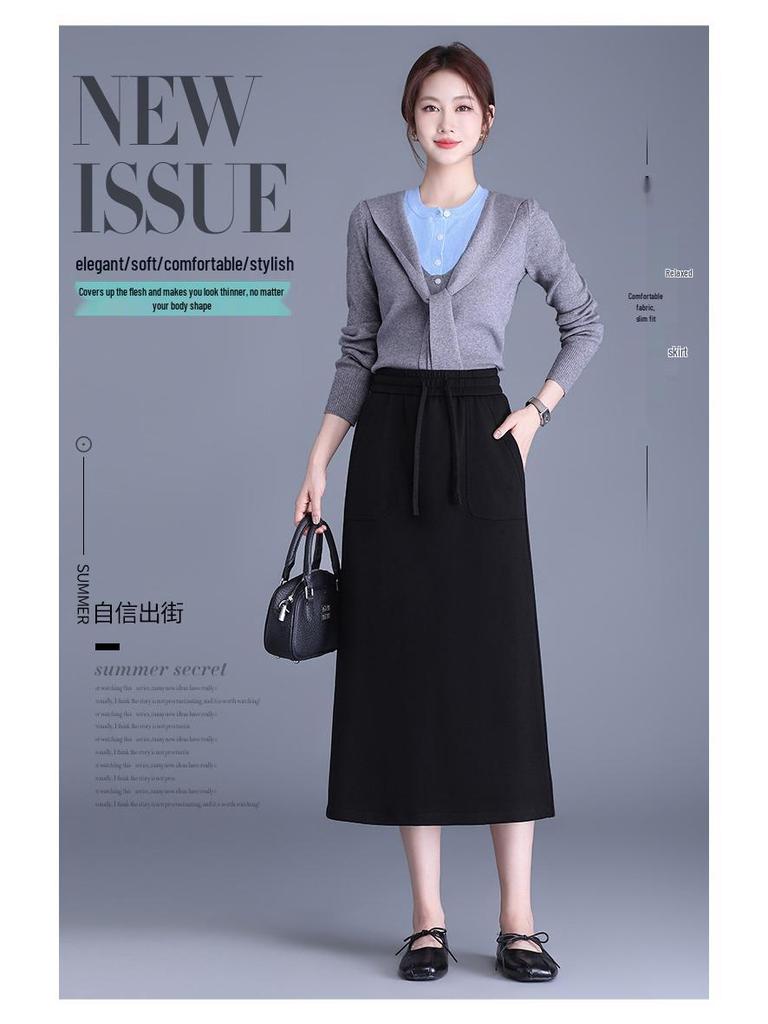Slimming Draped Black Midi Skirt - Spring/Summer 2026 Collection, Elastic Waist, Casual Fit