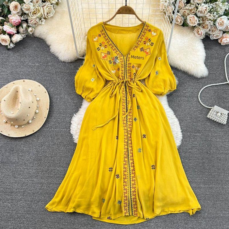 

Bohemia Ethnic Style Half-Length Sleeve Dress Embroider Yellow All yards