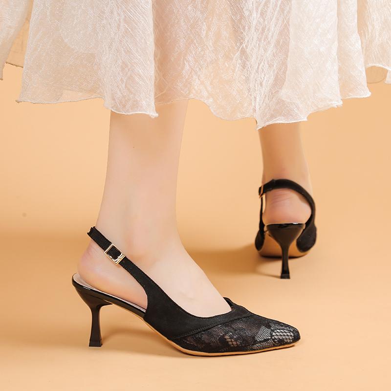 Fashion Lace Mesh Baotou Sandals Women's Summer Outward Wear Temperament Shallow Mouth Stiletto Heel Hollow Four-season High Heels