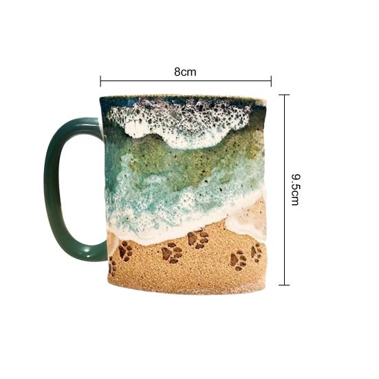 Yousheng Paw Print Ocean Shoreline Mug Ceramic Coffee Cup Handmade Waves Pattern Tea Mug 11oz/15oz Sea Foam Claw Drinking Mug Beach Souvenir Gift