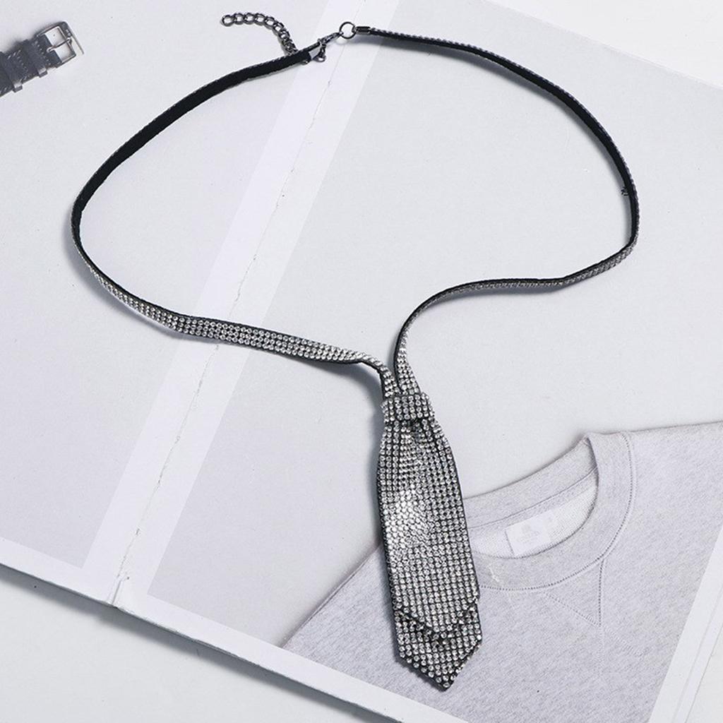 Unique Double Layer Rhinestones Tie Necklace Uniform Suit Tie Sexy Tie Encrusted Rhinestones Long Necklace