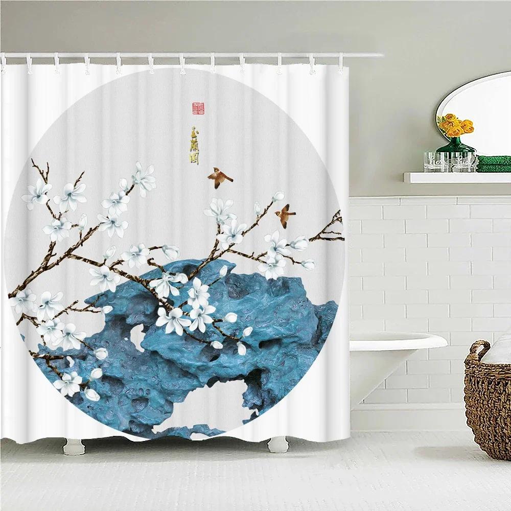 Duschvorhang im japanischen Stil 3D-Tuschemalerei Badezimmervorhang Wasserdicht mit Haken 180*240CM Duschvorhang Polyestergewebe