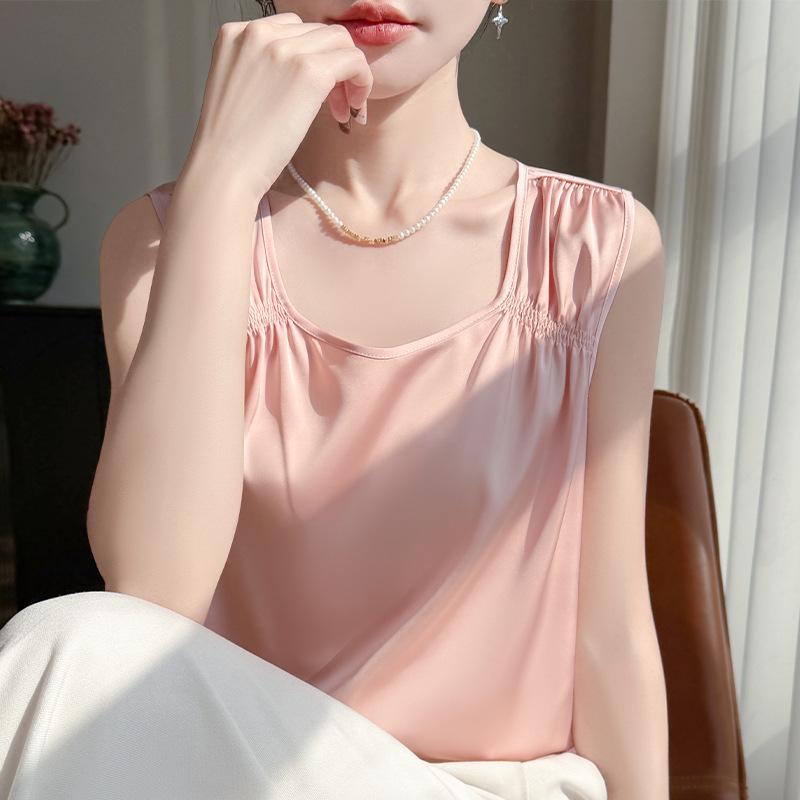 

Women s Solid-color Sleeveless Top with Diamond-shaped Collar and Detachable Strapback Summer New Design XXXL рожевий