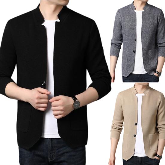 Gola Alta Manga Comprida Bolsos Abotoamento Simples Jaqueta Tricotada Masculina Primavera Outono Cor Sólida Blazer Casaco Masculino