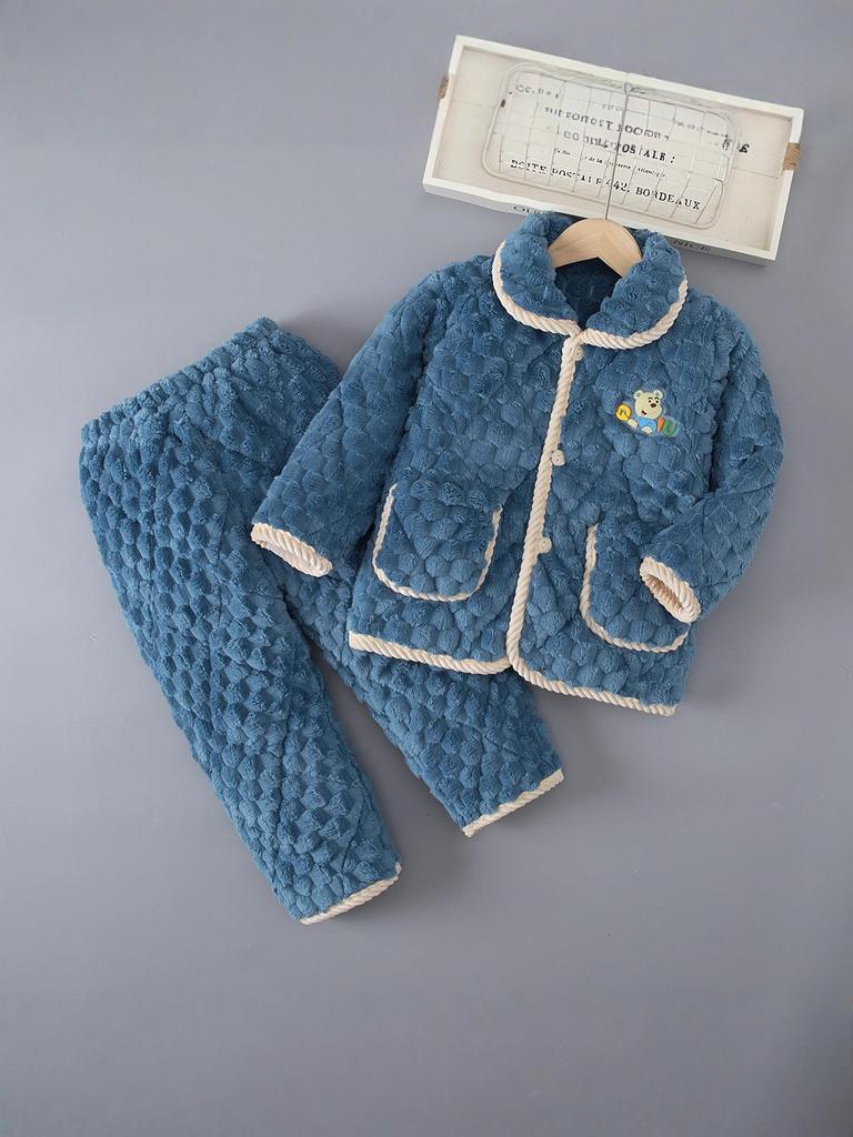 Kids' Autumn/Winter Three-Layer Quilted Pajama Set - Thick Coral Fleece Flannel