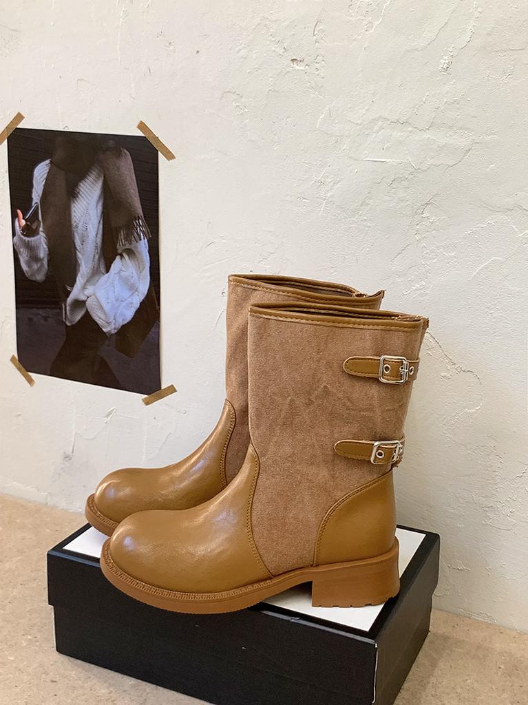 Skinny Medium Tube Pile Autumn Boots Thick Heel Splicing Women's Knight Boots Boots Belt Buckle Vintage Cowboy Boots