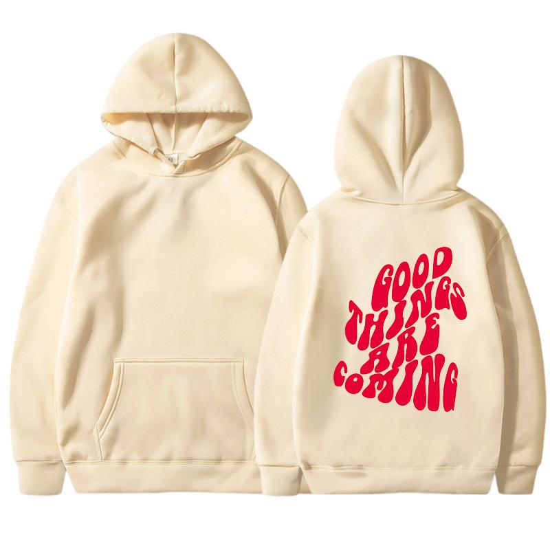 GOOD THINGS ARE COMING Women's Velvet Hoodie Solid Color Letter Printed Kangaroo Pocket Drawstring Printed Hoodie