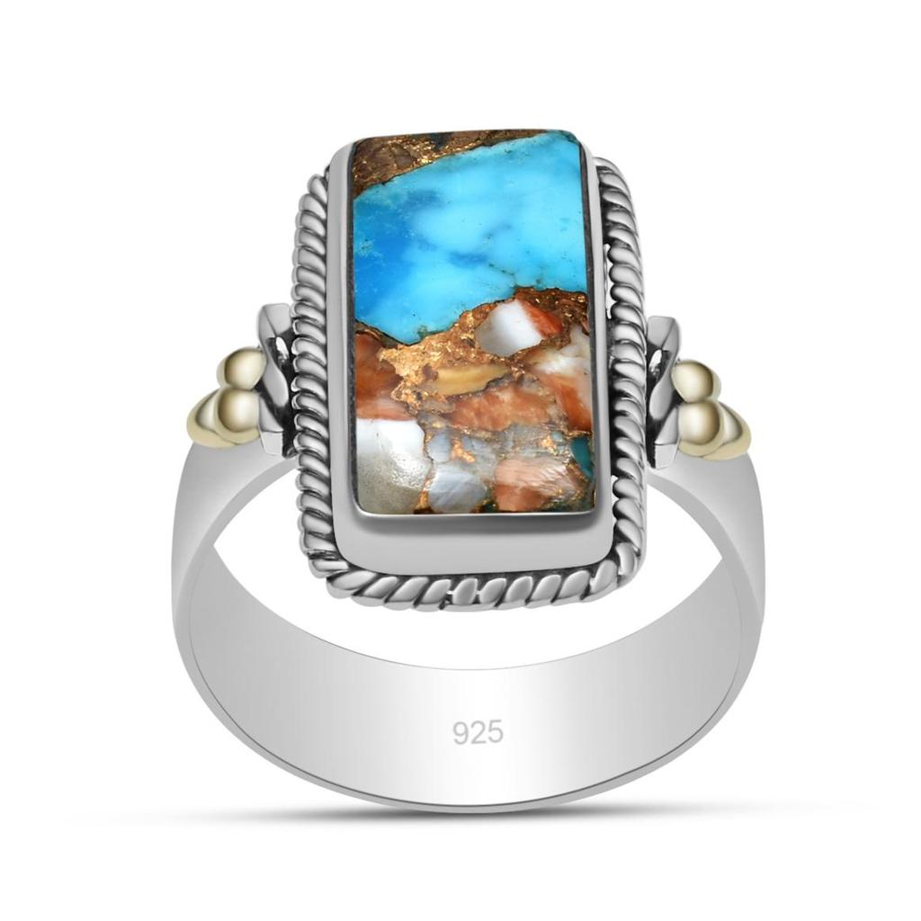 Natürlicher Oyster-Türkis-Edelstein aus 925er-Sterlingsilber, zweifarbiger Ring für Frauen und Mädchen