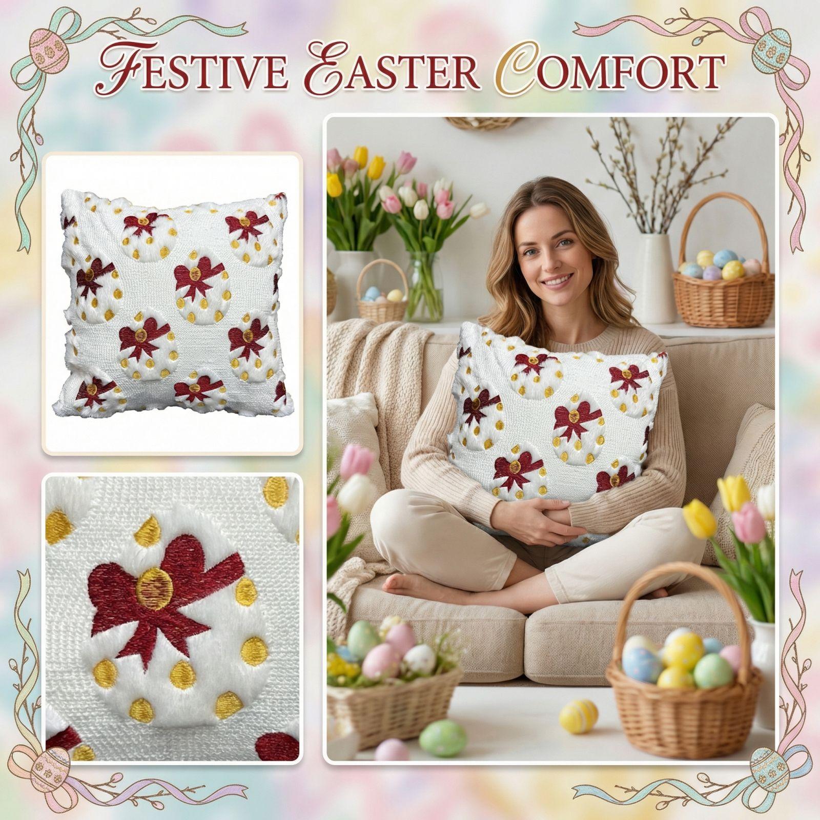 

Easter Pillow Cover Embroidered 3D Easter Egg Bow Cushion Sofa Festival Decoration Waist Support (excluding Core) One Size