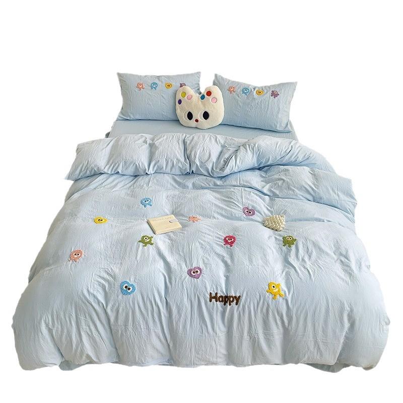 Ins wind bed four-piece spring small fresh quilt cover cartoon washed cotton bed sheet school dormitory bed three-piece set