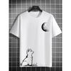 Men's Summer Cat Moon-Gazing Pattern Print Fashion Casual Sports Loose Fit Crew Neck Short Sleeve