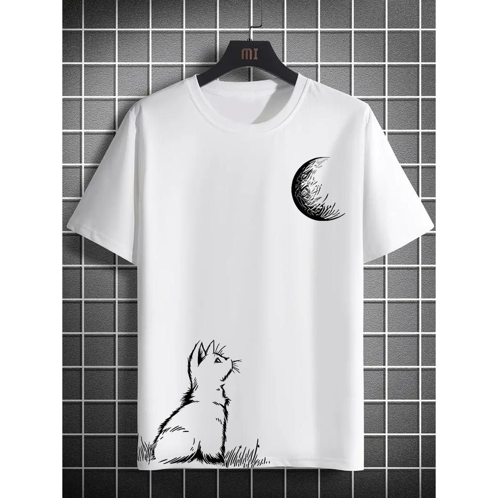 Men's Summer Cat Moon-Gazing Pattern Print Fashion Casual Sports Loose Fit Crew Neck Short Sleeve