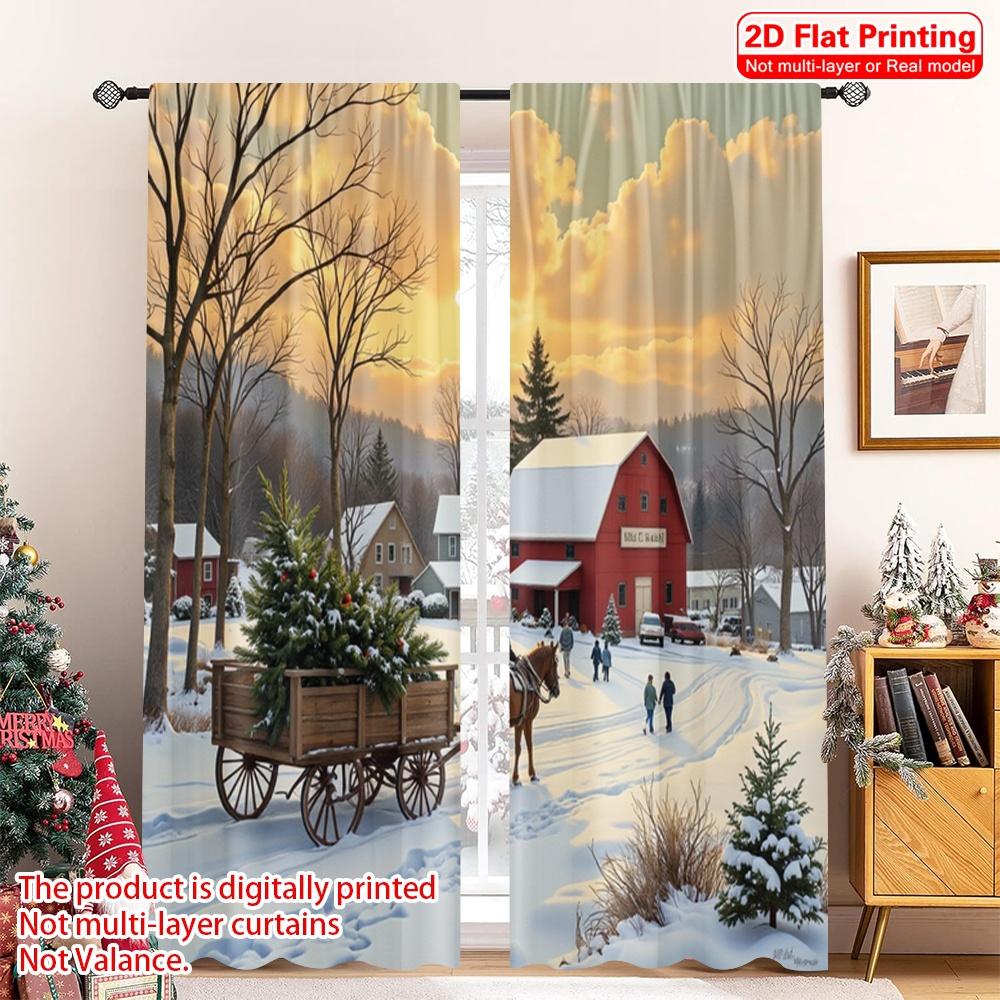 

2pcs 2D flat printing Merry Christmas Popular Window Curtains Winter Barn Christmas Nursery Scene Fabric Without Electricity 52.50×116.00 CM 2pcs