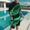 Men Earth Tone Distressed Square Block Print Short Sleeve Tee And Matching Shorts Two Piece Outfit