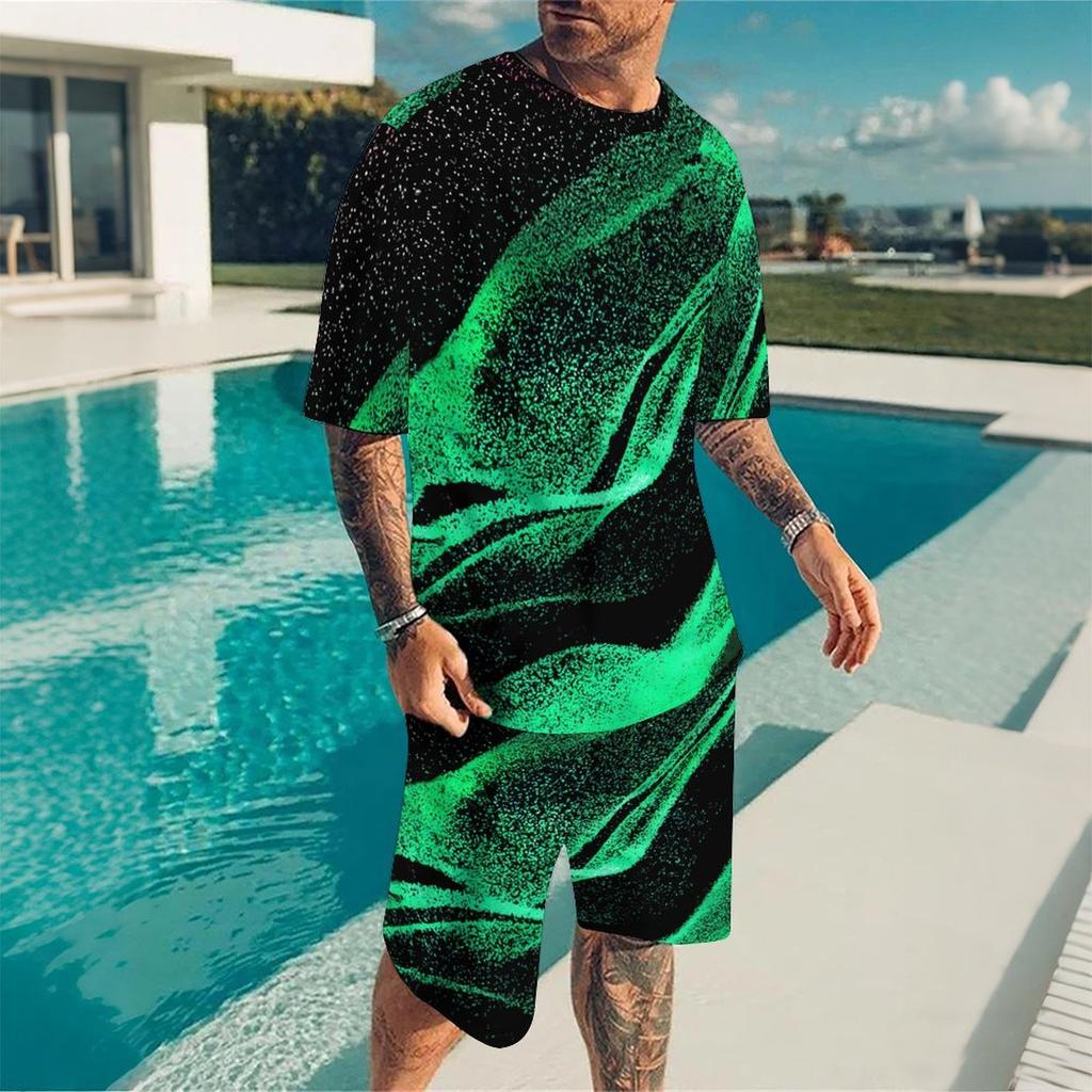 Men Earth Tone Distressed Square Block Print Short Sleeve Tee And Matching Shorts Two Piece Outfit