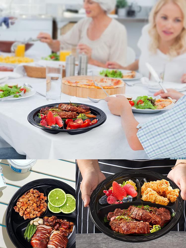 

50 шт./100 шт. Многоразовые пластиковые тарелки, 9 дюймов, 3 отделения, 3 упаковки, пищевой материал, не содержат БФА, черные обеденные тарелки 50PCS