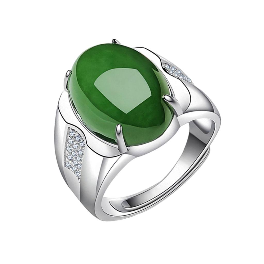Groene Jade Chalcedoon Eivormige Baas Ring met Fijne Textuur