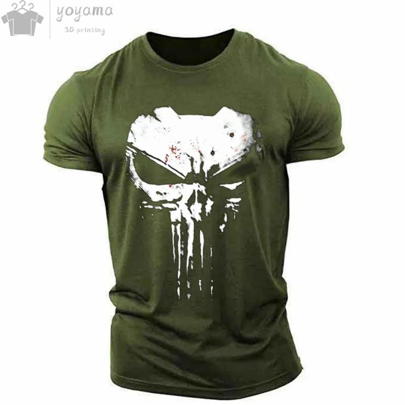 Men's T-shirt 3d printed military patriotic skull O-neck T-shirt, oversized T-shirt, short-sleeved T-shirt, men's sportswear top