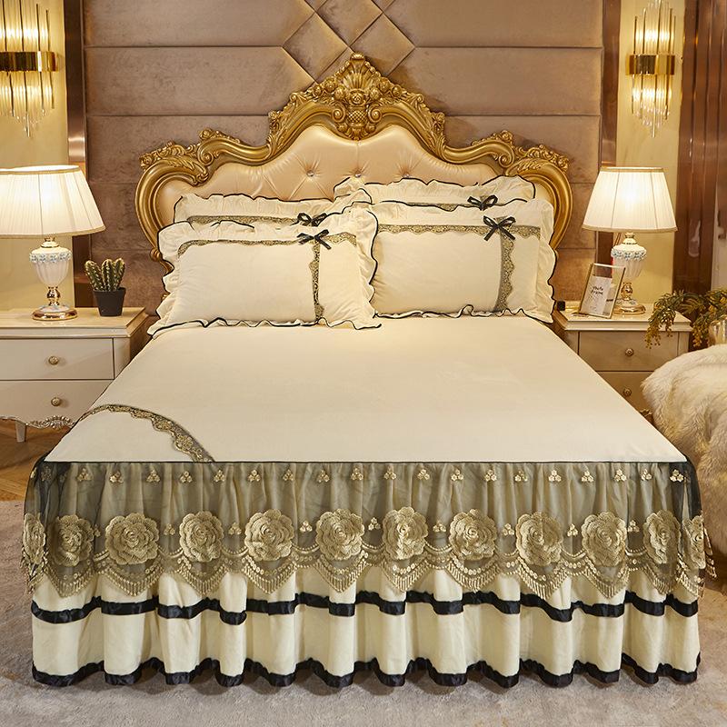 

Хрустальный бархат, кружевная юбка-кровать, цельный термофланелевой наматрасник, фланелевое коралловое бархатное покрывало, комплект постельного белья из трех предметов 180*200cm 3pcs