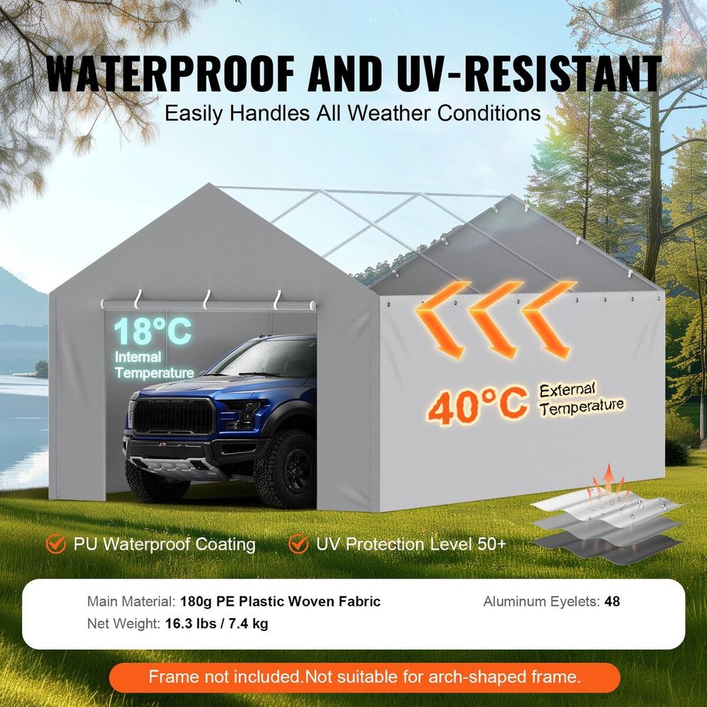 Carport Replacement Canopy Cover Side Wall 12 x 20 ft, Garage Tent Shelter Tarp Heavy-Duty Waterproof & UV Protected, Easy Installation with Ball