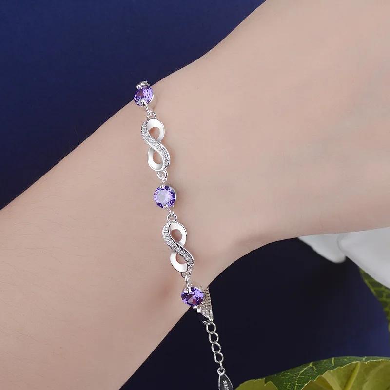 Fashion Clear Purple Zircon Charms  Sterling Silver Bracelet for Women Eternity Infinite Love Bracelet  Gift