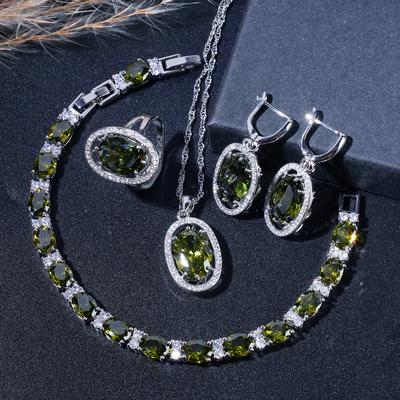 Vintage-Inspired Luxury Olive Green Zircon Jewelry Set - Includes Bracelet, Earrings, Necklace & Ring | Perfect For Weddings