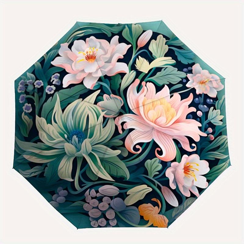1pc Floral Garden Automatic Open/close Folding Compact Umbrella, 8-Rib Sturdy Canopy, Lightweight Portable, Everyday Use, Gift, Outdoor Umbrella, Trav