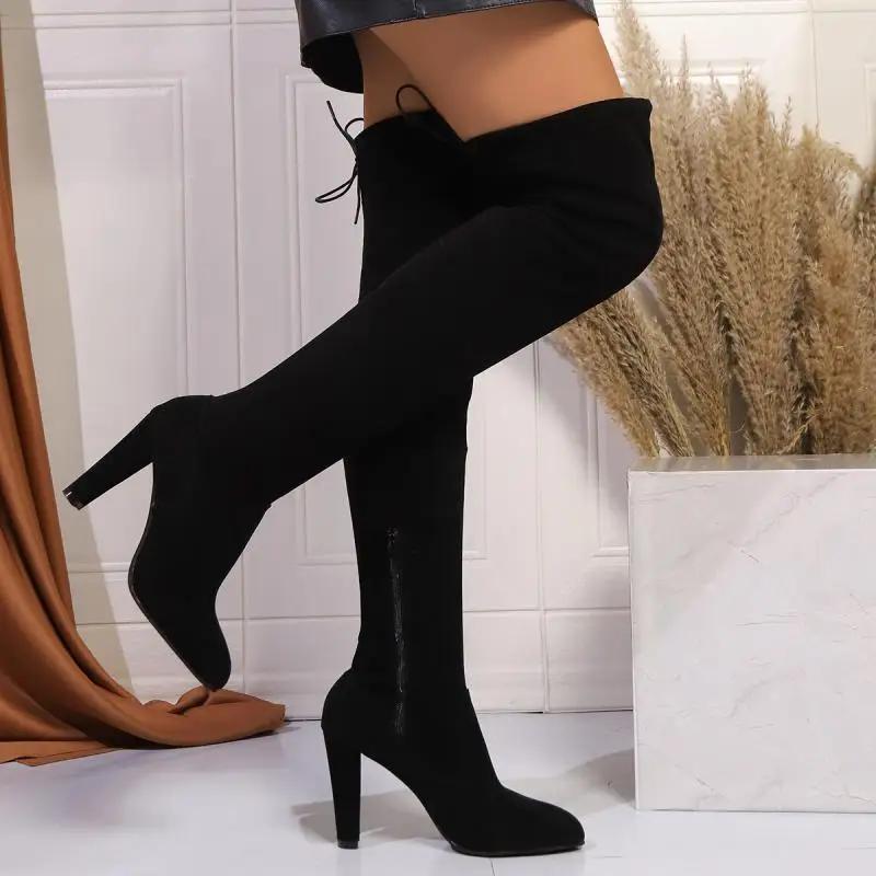 Luxury Designer Side Zipper Over The Knee Boots Sexy Pointed Toe Suede Super High Heel Riding Boots Solid Black Shoes Women