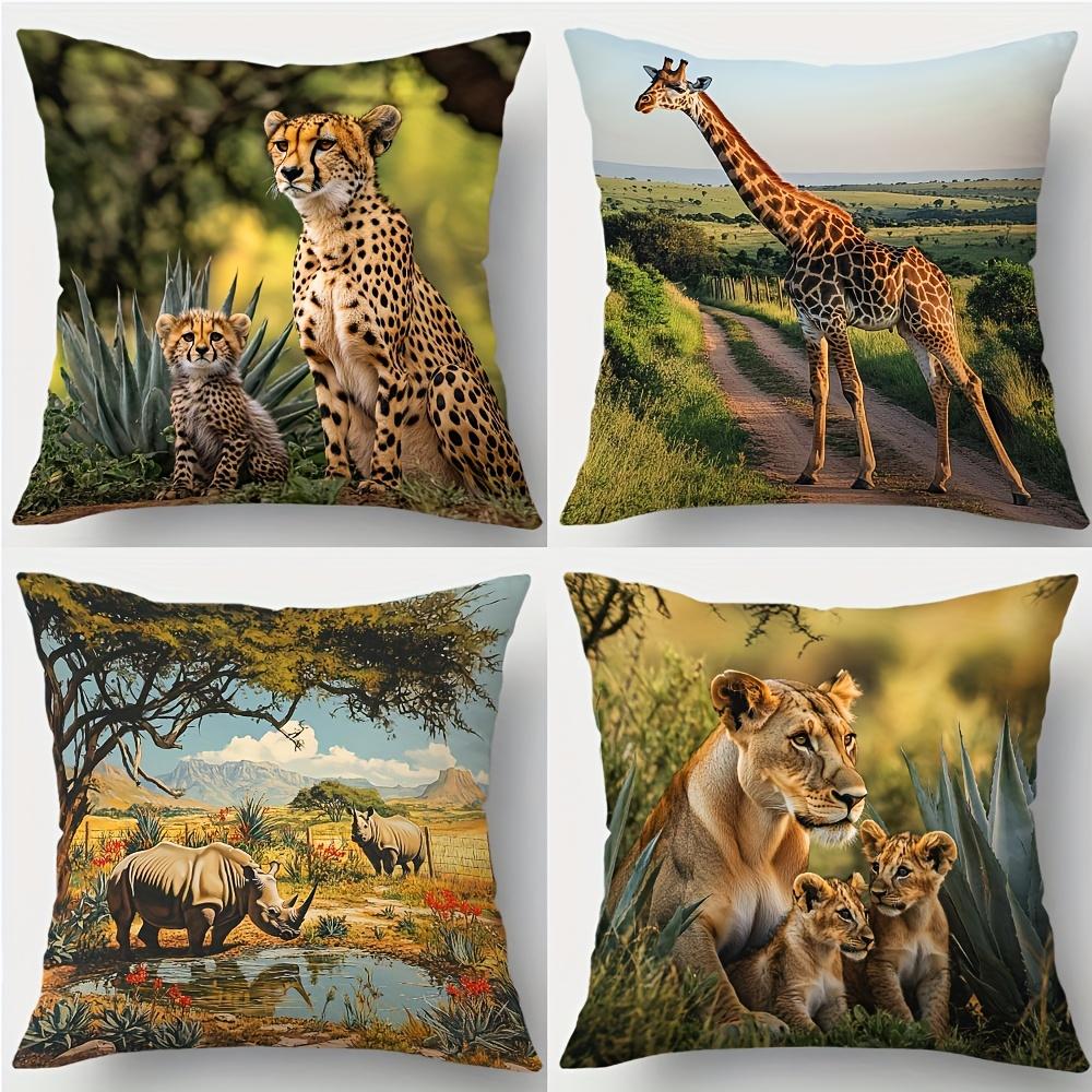 4-delige 2D Bedrukte Kussensloop Set – Afrikaans Safari Thema met Cheetahs, Giraffen, Neushoorns & Leeuwen 35x35cm white