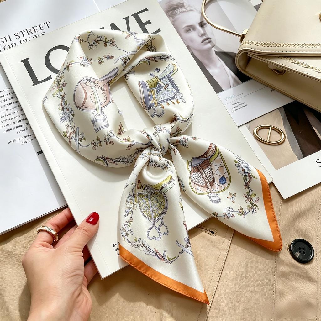 Commuter elegant flower silk scarf women's contrasting color retro printing satin scarf shirt with multi-purpose decorative small scarf