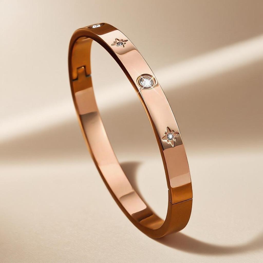 Titanium Steel Rhinestone Open Bangle with Eight-pointed Star Design - Fade-resistant Women's Bracelet