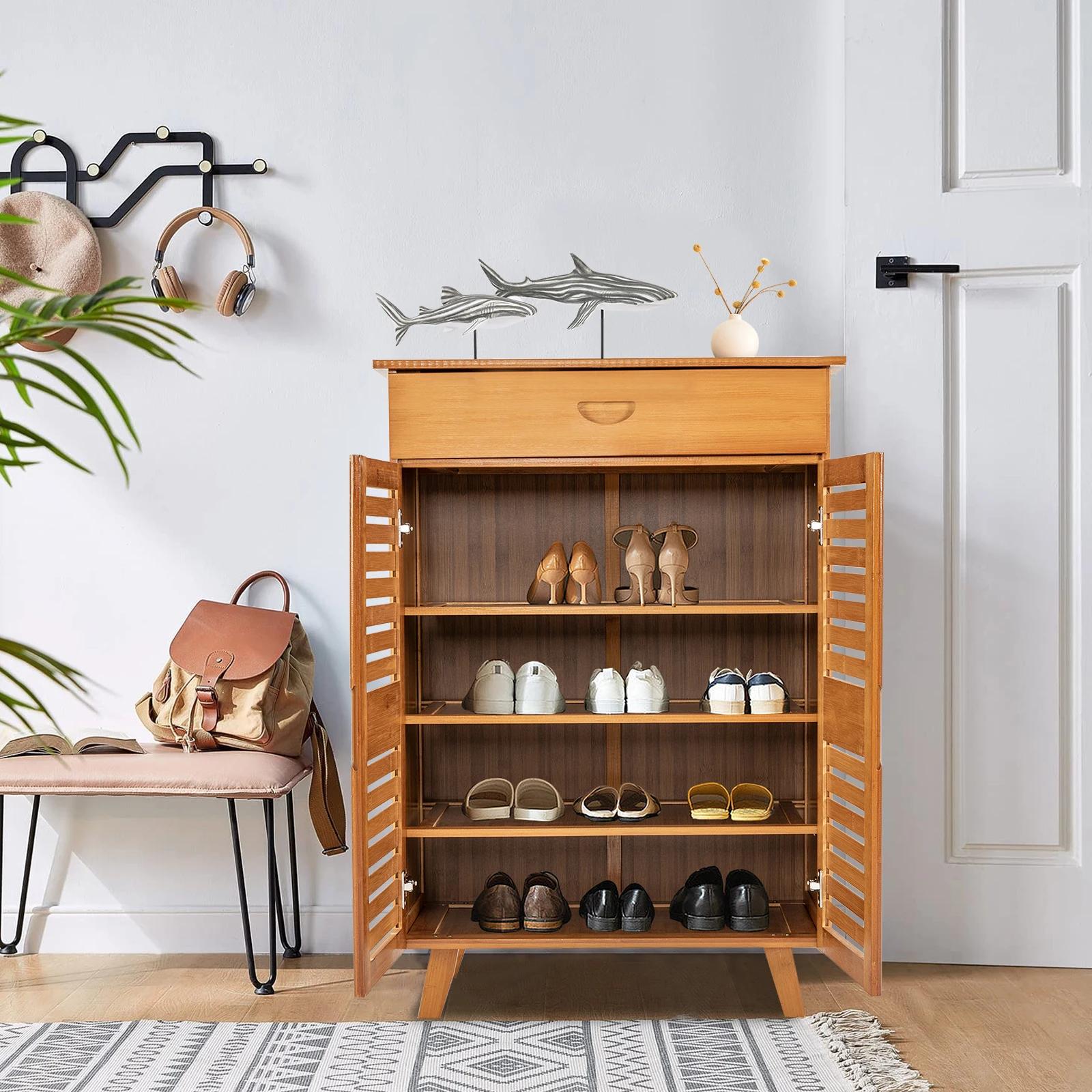 

Бамбуковая обувница с двойными дверцами и ящиком, 4-ярусное хранилище для обуви большой вместимости, органайзер в стиле ретро, коричневый, для прихожей и спальни коричневый