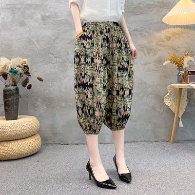 Summer Women's Lantern Pants Thin Print Seven Quarter Pants with Pockets High Waist Large Size Loose Haren Casual Pants