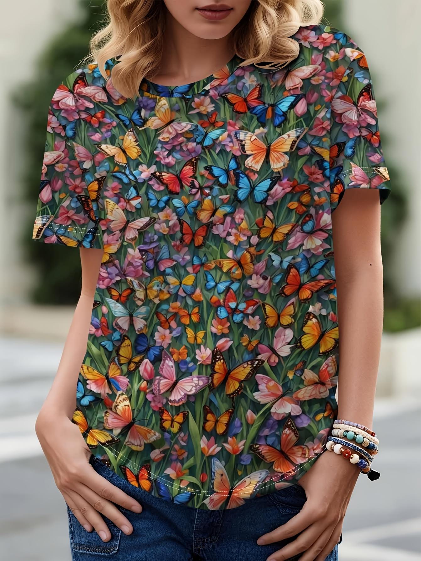 

Women S Casual Round-Neck Short-Sleeve T-Shirt Featuring a Butterfly Print, Designed for a Soft And Comfortable Fit S